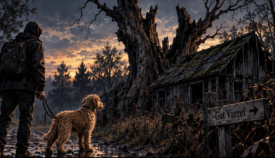 Comicpanel: ein Mann mit Kapuze und sein Hund auf einem nassen Feldweg in der Dämmerung, vor ihnen eine verfallene Hütte unter einem toten Baum, ein Holzschild zeigt nach Gut Varrel