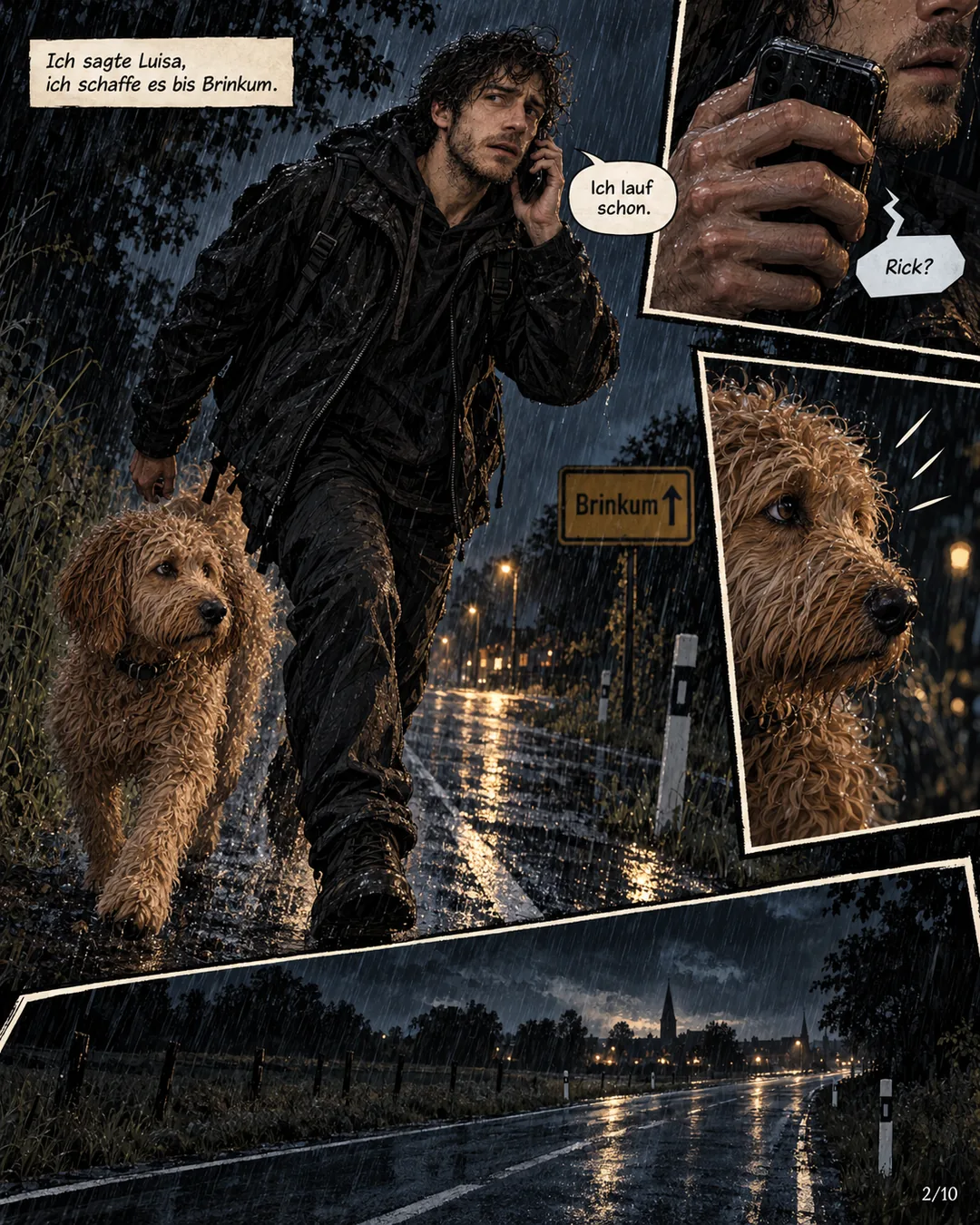 Der Mann telefoniert im Regen an einer Landstraße, der Hund läuft neben ihm, ein Wegweiser zeigt nach Brinkum. Textkasten: Ich sagte Luisa, ich schaffe es bis Brinkum. Er sagt: Ich lauf schon. Aus dem Telefon: Rick? Nahaufnahme des Hundes. Unten die leere, nasse Landstraße, in der Ferne ein Kirchturm.